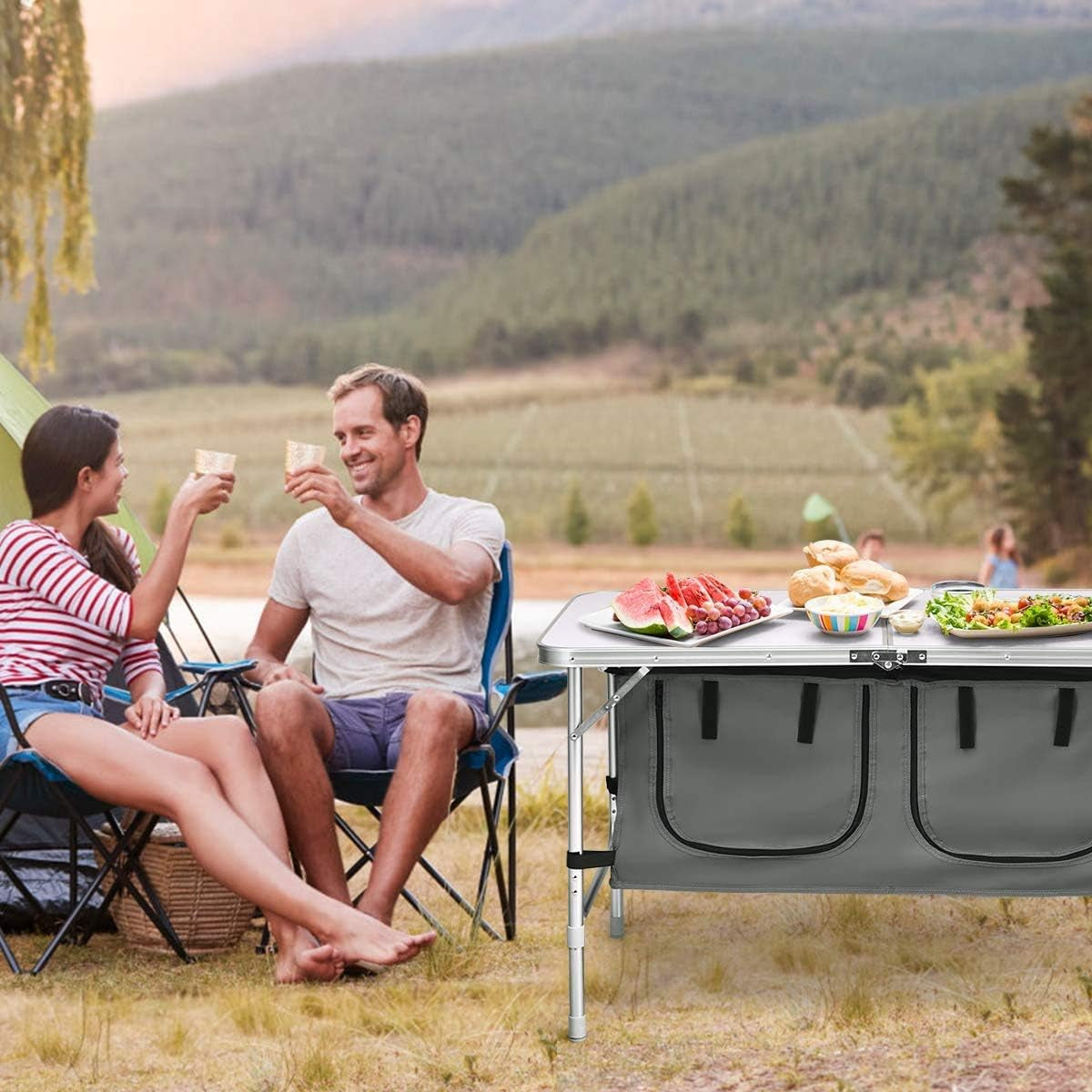 Folding Camping Table with Storage Lightweight Camp Tables Portable Indoor/Outdoor Collapsible Table Height Adjustable Camp Kitchen Perfect for Picnic, Beach, Travel, Tailgating, Backyards, BBQ, Party