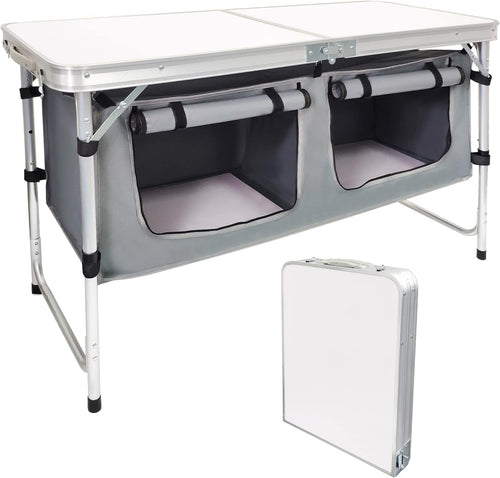 Folding Camping Table with Storage Lightweight Camp Tables Portable Indoor/Outdoor Collapsible Table Height Adjustable Camp Kitchen Perfect for Picnic, Beach, Travel, Tailgating, Backyards, BBQ, Party