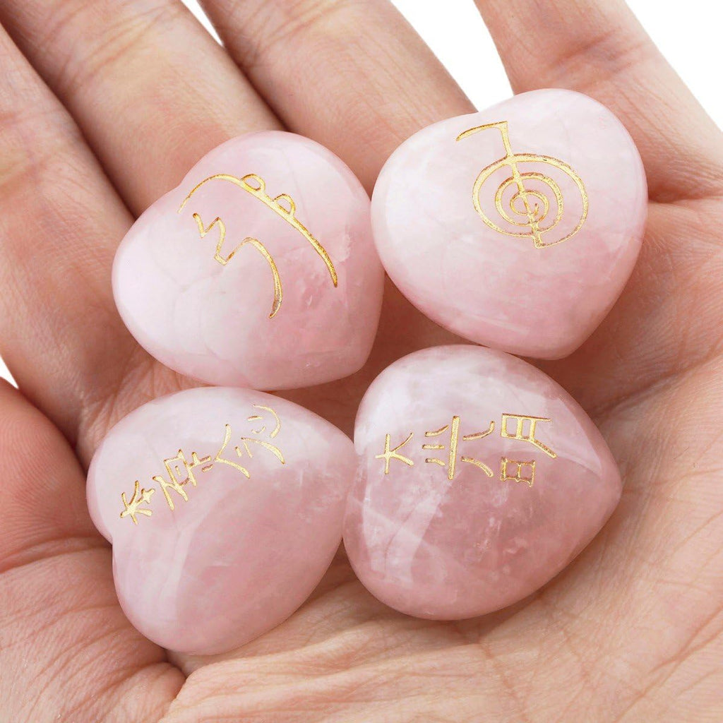 Healing Crystal 4Pcs Rose Quartz Heart Love Stones Hand Carved Worry Stones Palm Pocket Stone Reiki Balancing