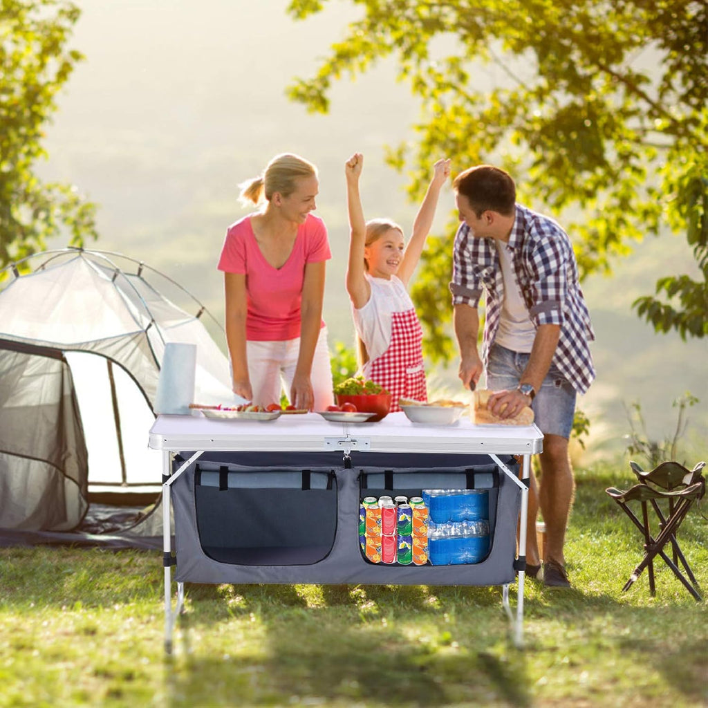 Folding Camping Table with Storage Lightweight Camp Tables Portable Indoor/Outdoor Collapsible Table Height Adjustable Camp Kitchen Perfect for Picnic, Beach, Travel, Tailgating, Backyards, BBQ, Party